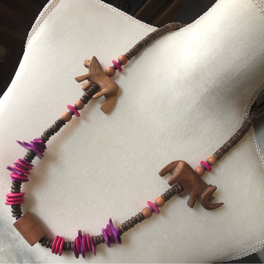 Vintage handmade safari wood bead necklace